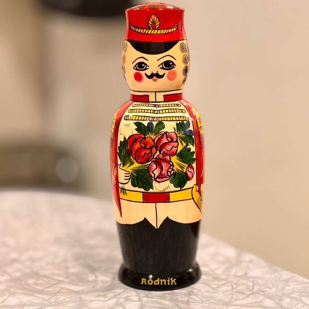 Vintage Matryoshka Rodnik Bottle Container, Russian Wooden Soldier Bottle Doll